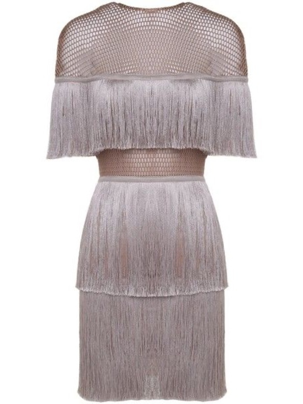 Fringed Mesh Midi Dress in Light Taupe